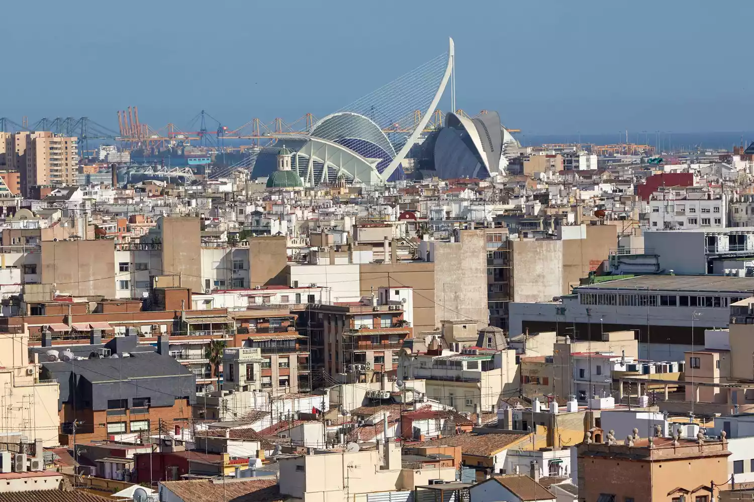 Elevated cityscape of the centre of Valencia looking toward the port and 'city of arts and sciences'.